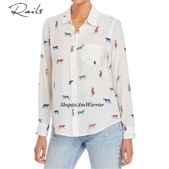 Rails colorful cat print long sleeve collared viscose top *shop@iamwarrior - Picture 6 of 15